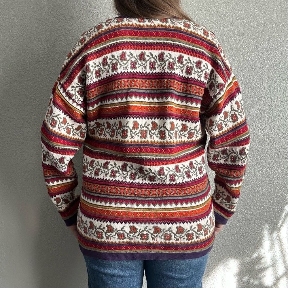 Vtg Colorful Floral Striped Knit Cardigan Sweater Button Up VNeck Oversize Small - Picture 2 of 8